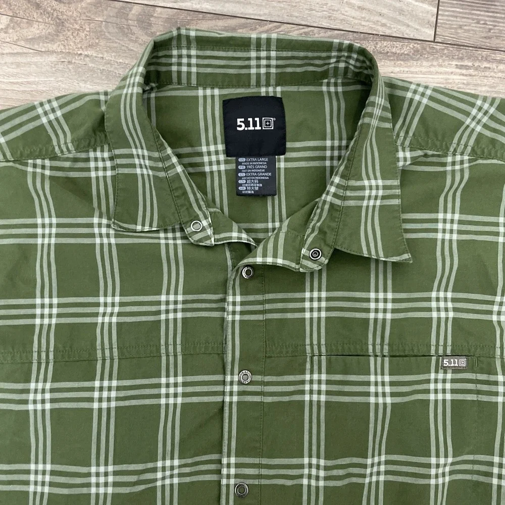 5.11 Tactical Shirt‎ Men's XL Green Plaid Short Sleeve Snap Front Utility